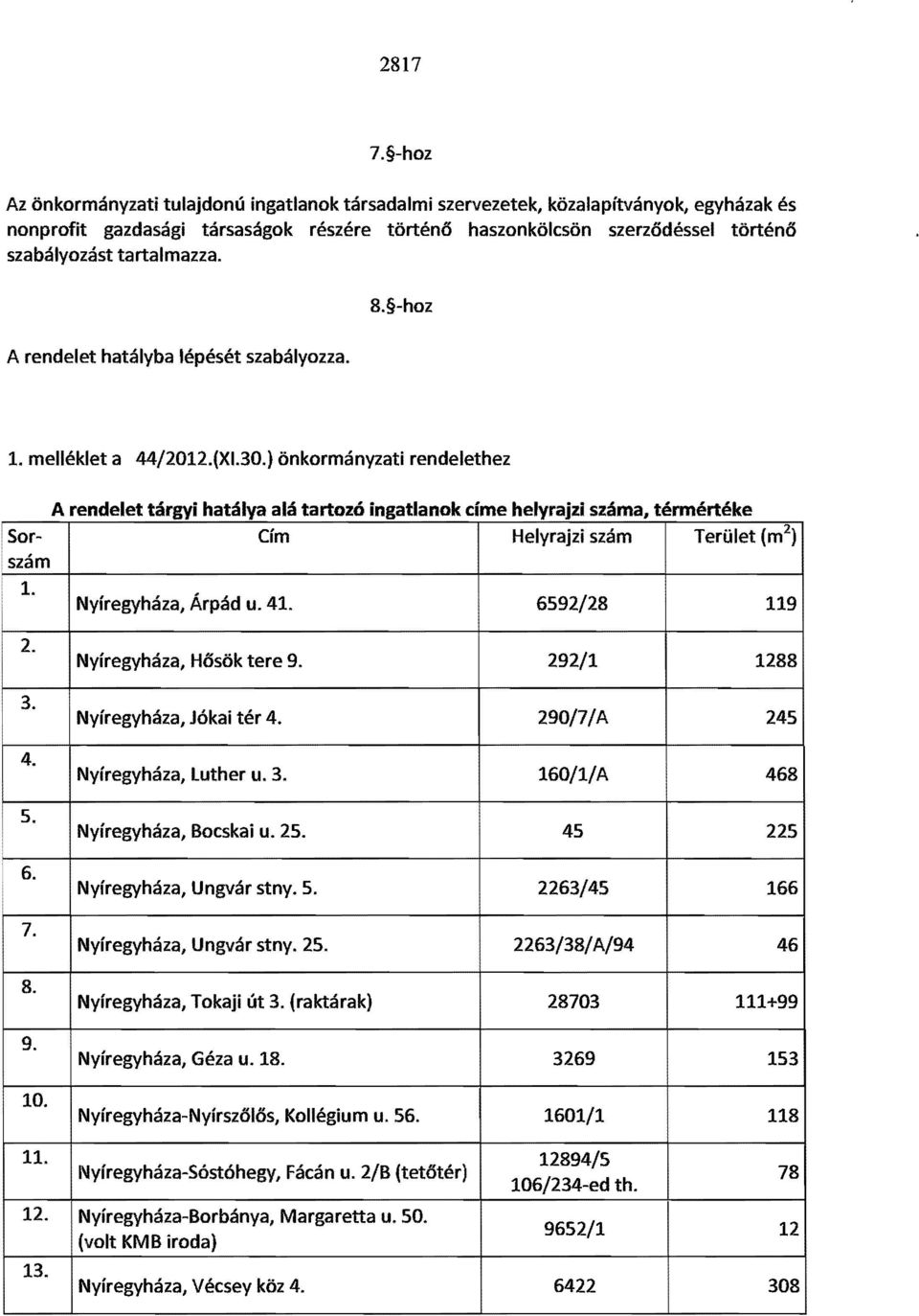 tartalmazza. 8. -hoz A rendelet hatályba lépését szabályozza. 1. melléklet a 44/2012.(XI.30.