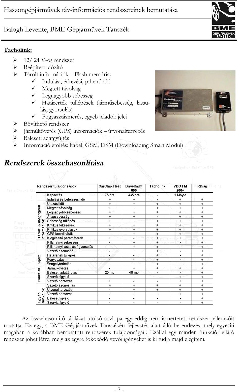 Rendszerek összehasonlítása Rendszer tulajdonságok CarChip Fleet DriveRight 600 Tacholink VDO FM 200+ Kapacitás 75 óra 435 óra - 1 Mbyte Indulási és befejezési idő + + - + + Utazási idő + + + + +