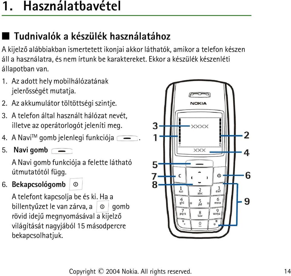 A telefon által használt hálózat nevét, illetve az operátorlogót jeleníti meg. 4. A Navi TM gomb jelenlegi funkciója. 5.