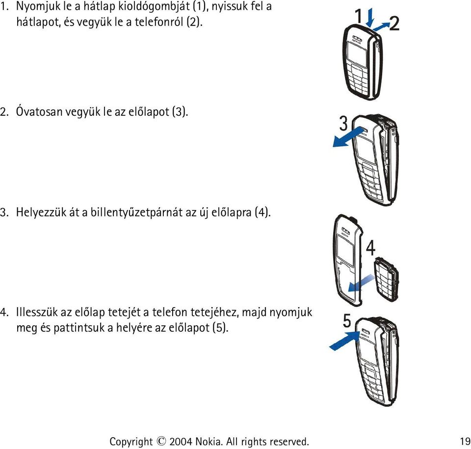 Helyezzük át a billentyûzetpárnát az új elõlapra (4). 4.