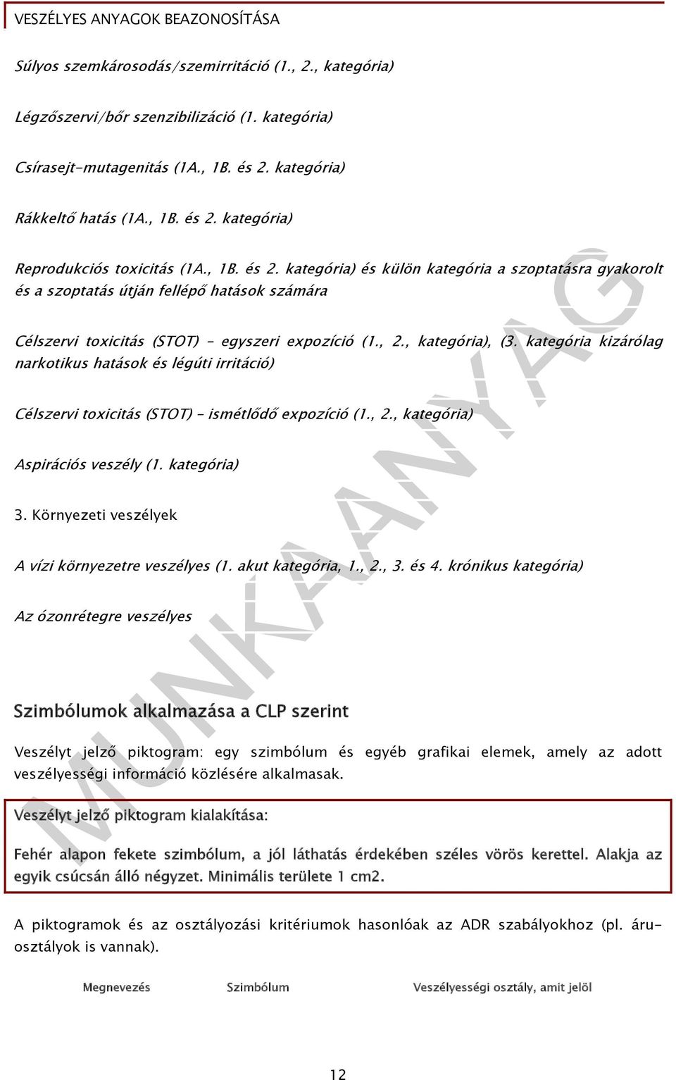 kategória kizárólag narkotikus hatások és légúti irritáció) Célszervi toxicitás (STOT) ismétlődő expozíció (1., 2., kategória) Aspirációs veszély (1. kategória) 3.