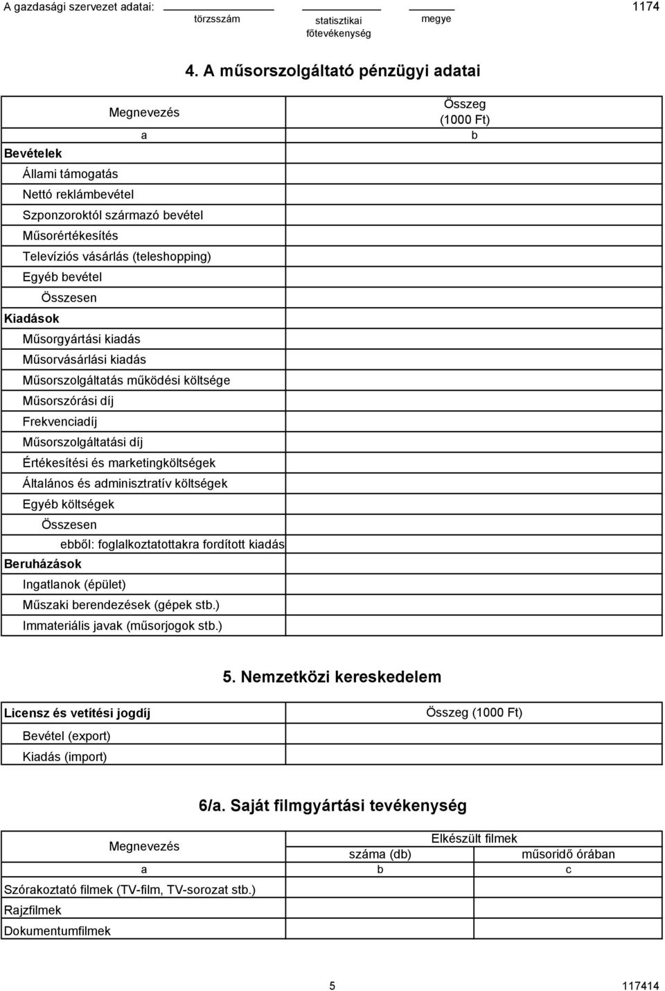 eől: fogllkozttottkr fordított kidás Beruházások Ingtlnok (épület) Műszki erendezések (gépek st.) Immteriális jvk (műsorjogok st.) Összeg (1000 Ft) 5.