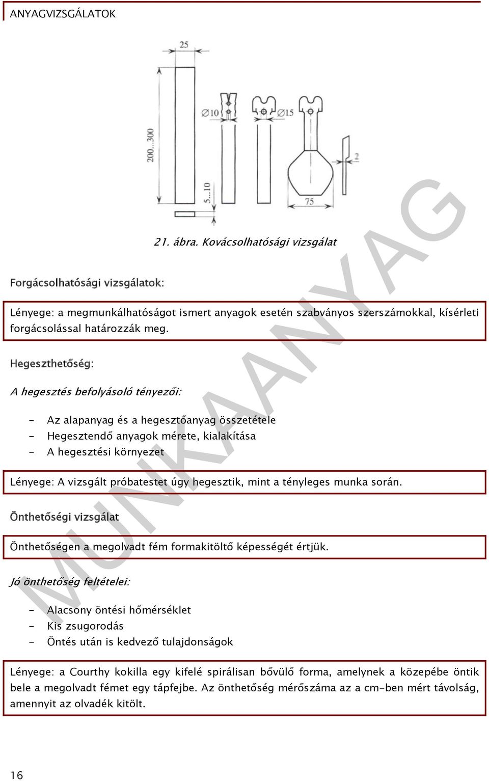 hegesztik, mint a tényleges munka során. Önthetőségi vizsgálat Önthetőségen a megolvadt fém formakitöltő képességét értjük.