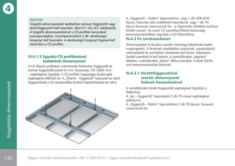 IV.4.1.3 Egysíkú CD profilozással kialakított álmennyezet A CD fôtartó profilokat a teherhordó födémhez függesztôk és szemes függesztôhuzalok (4 mm, hosszúság 125 2000 mm) segítségével rögzítjük.