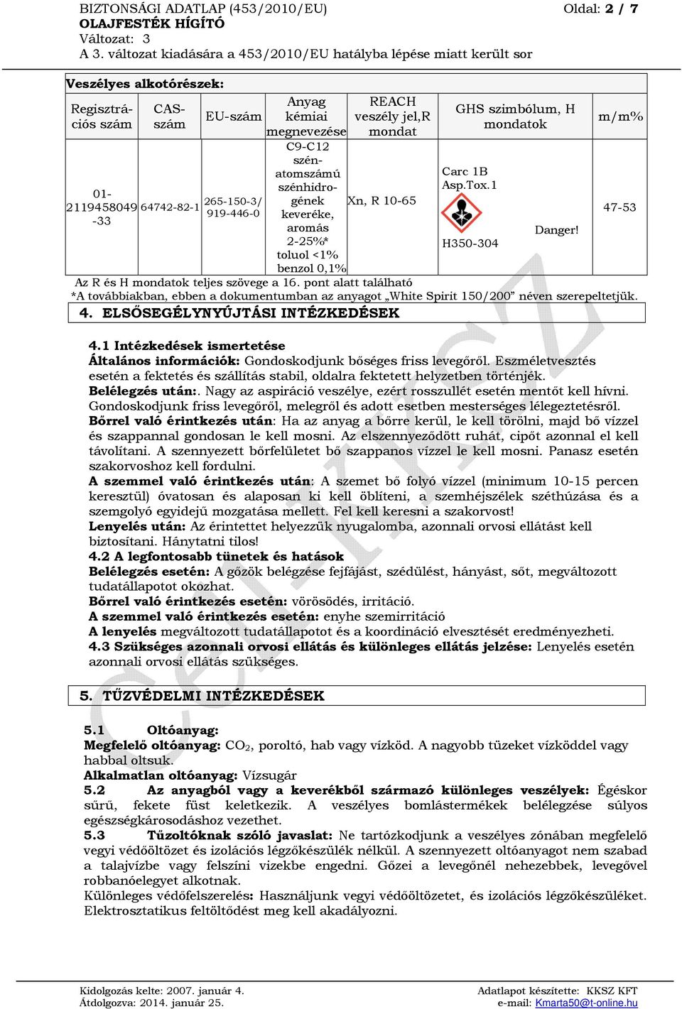 m/m% 47-53 Az R és H mondatok teljes szövege a 16. pont alatt található *A továbbiakban, ebben a dokumentumban az anyagot White Spirit 150/200 néven szerepeltetjük. 4. ELSŐSEGÉLYNYÚJTÁSI INTÉZKEDÉSEK 4.