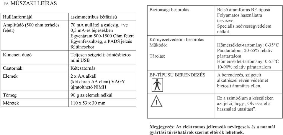 Környezetvédelmi besorolás Működő: Tárolás: BF-TÍPUSÚ BERENDEZÉS Belső áramforrás BF-típusú Folyamatos használatra tervezve. Speciális nedvességvédelem nélkül.