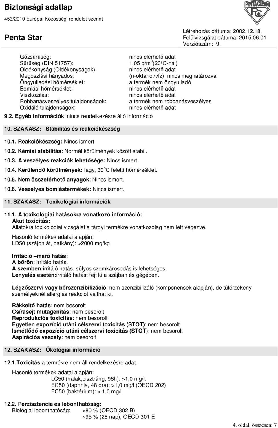 A veszélyes reakciók lehetısége: Nincs ismert. 10.4. Kerülendı körülmények: fagy, 30 o C feletti hımérséklet. 10.5. Nem összeférhetı anyagok: Nincs ismert. 10.6.