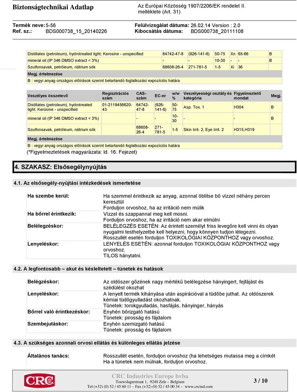 értelmezése B : vegyi anyag országos előírások szerint betartandó foglalkozási expozíciós határa Veszélyes összetevő Distillates (petroleum), hydrotreated light; Kerosine - unspecified Regisztrációs