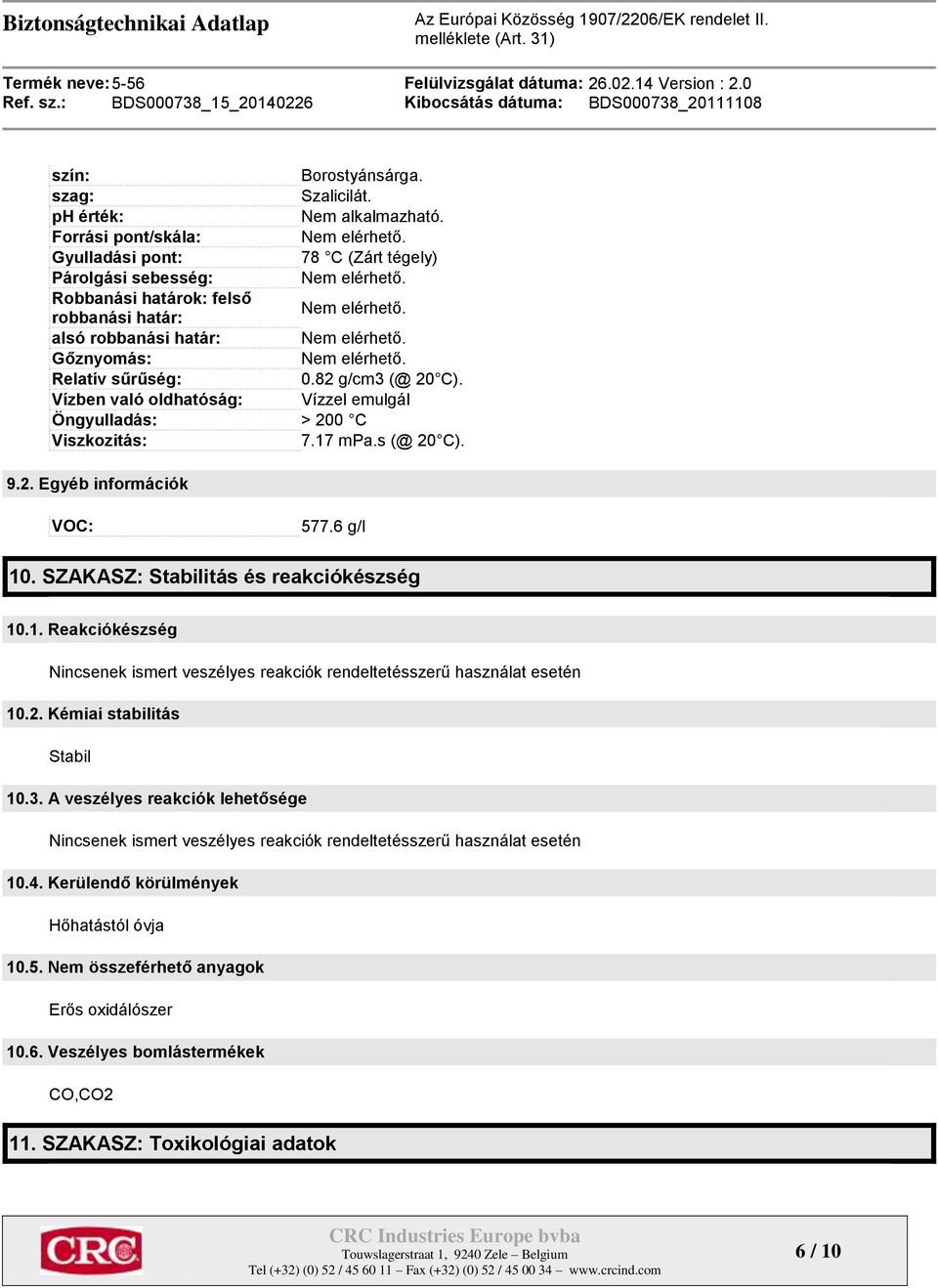 Vízben való oldhatóság: Vízzel emulgál Öngyulladás: > 200 C Viszkozitás: 7.17 mpa.s (@ 20 C). 9.2. Egyéb információk VOC: 577.6 g/l 10. SZAKASZ: Stabilitás és reakciókészség 10.1. Reakciókészség Nincsenek ismert veszélyes reakciók rendeltetésszerű használat esetén 10.