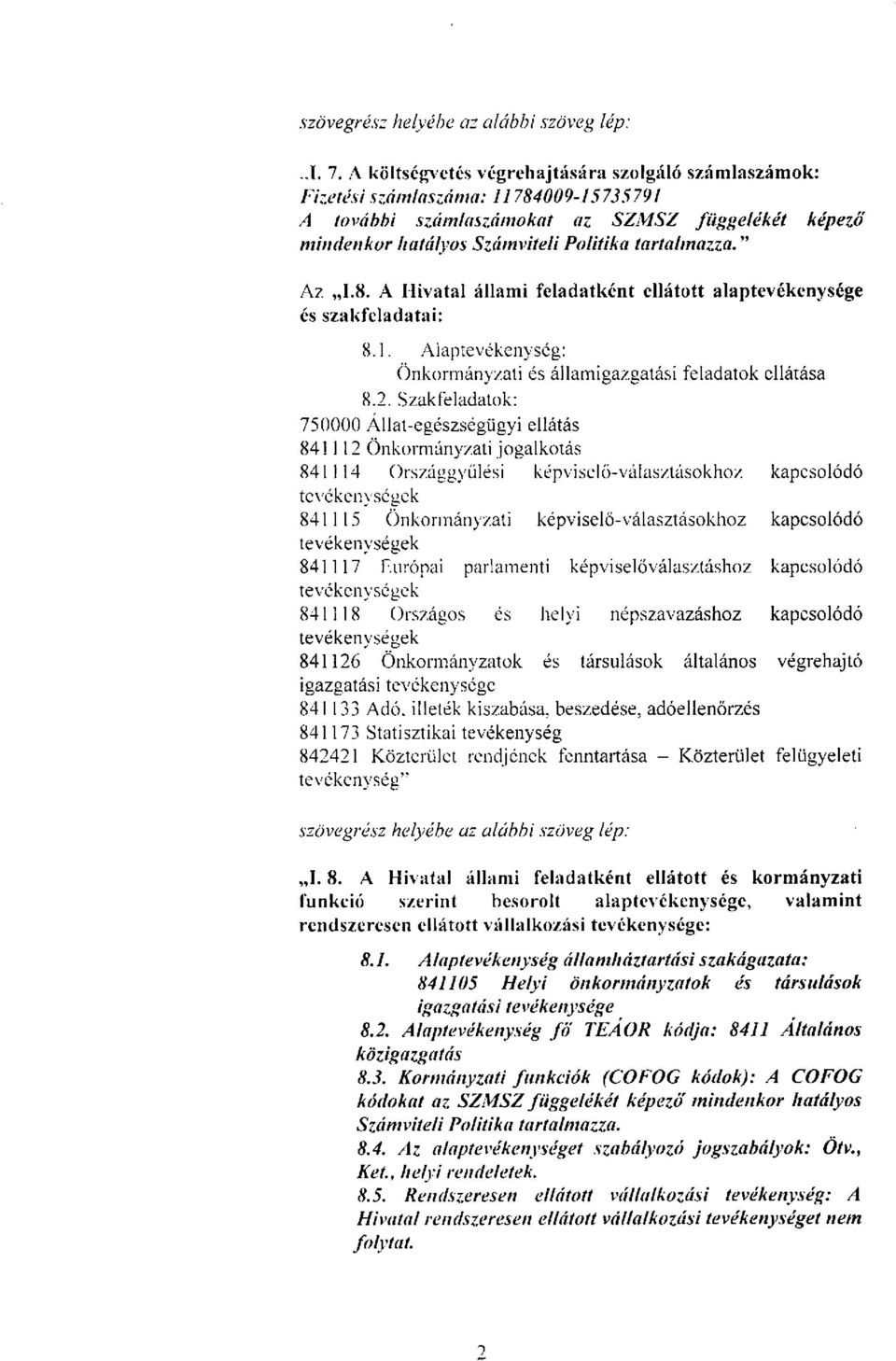 Szakfeladatok: 750000 Állat-egészségügyi ellátás 841112 Önkormányzati jogalkotás 841114 Országgyűlési képviselő-választásokhoz kapcsolódó tevékenységek 841115 Önkormányzati képviselő-választásokhoz