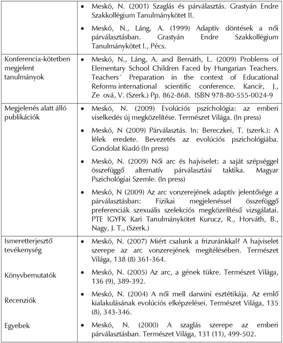 (2009) Problems of Elementary School Children Faced by Hungarian Teachers. Teachers Preparation in the context of Educational Reforms international scientific conference. Kancír, J., Zeová, V. (Szerk.