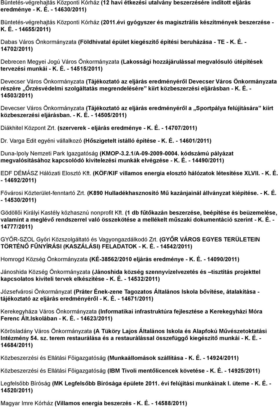 É. - 14515/2011) Devecser Város Önkormányzata (Tájékoztató az eljárás eredményéről Devecser Város Önkormányzata részére Őrzésvédelmi szolgáltatás megrendelésére kiírt közbeszerzési eljárásban - K. É.