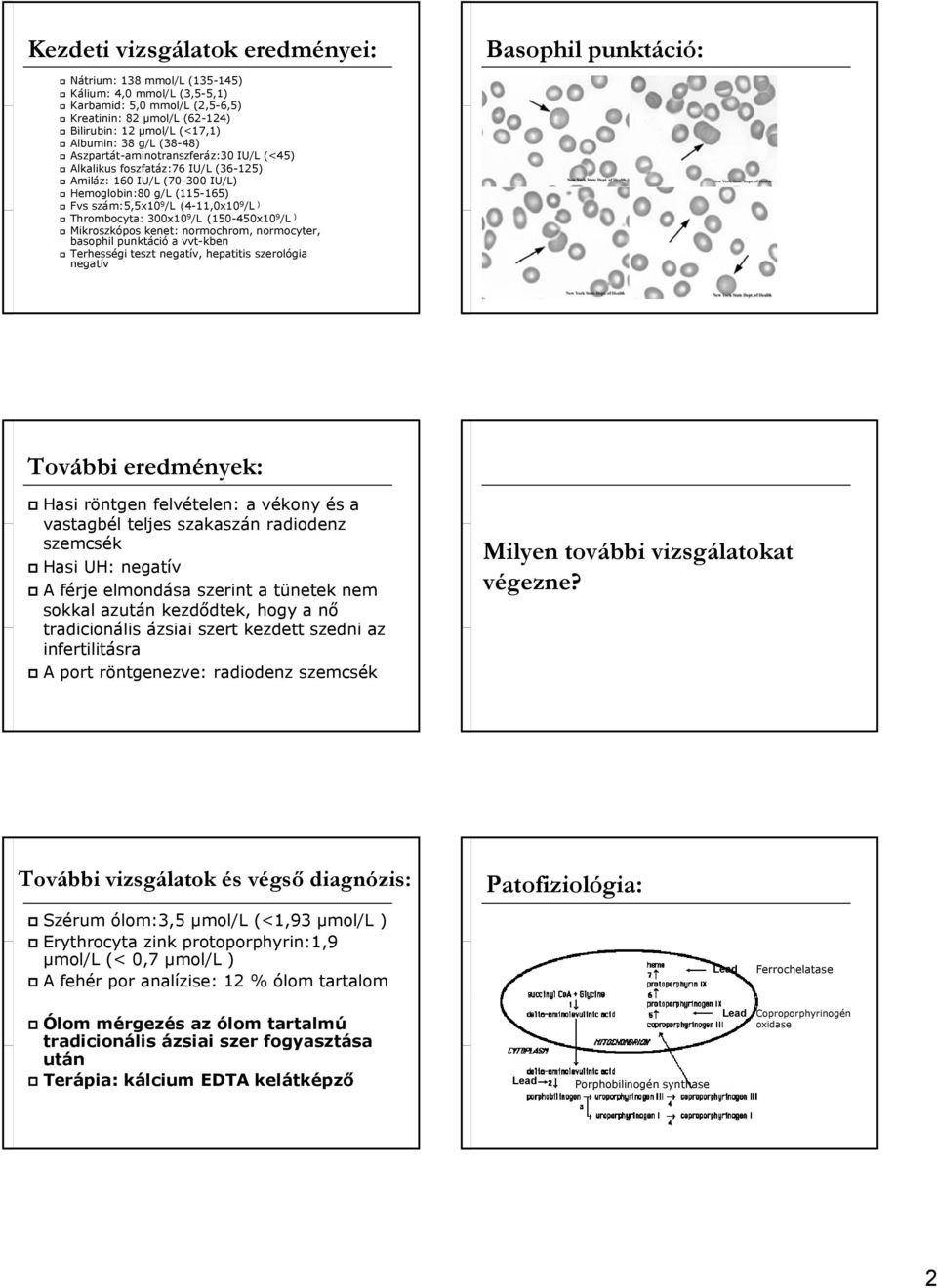 szám:5,5x10 9 /L (4-11,0x10 9 /L ) Thrombocyta: 300x10 9 /L (150-450x10 9 /L ) Mikroszkópos kenet: normochrom, normocyter, basophil punktáció a vvt-kben Terhességi teszt negatív, hepatitis szerológia