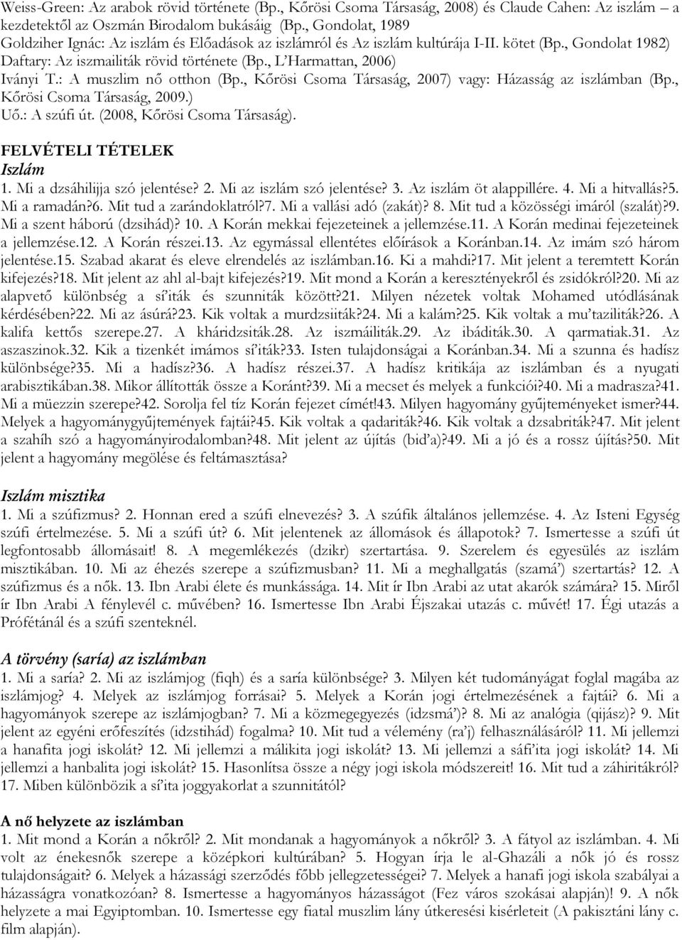 : A muszlim nő otthon (Bp., Kőrösi Csoma Társaság, 2007) vagy: Házasság az iszlámban (Bp., Kőrösi Csoma Társaság, 2009.) Uő.: A szúfi út. (2008, Kőrösi Csoma Társaság). FELVÉTELI TÉTELEK Iszlám 1.