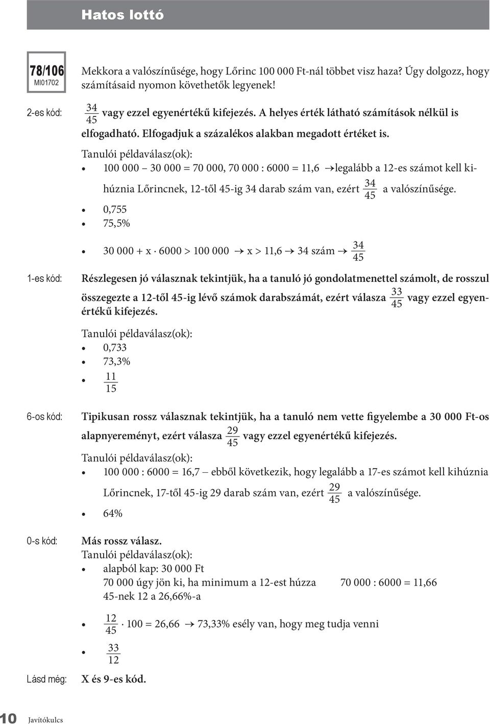 100 000 30 000 = 70 000, 70 000 : 6000 = 11,6 legalább a 12-es számot kell kihúznia Lőrincnek, 12-től 45-ig 34 darab szám van, ezért 34 45 a valószínűsége.