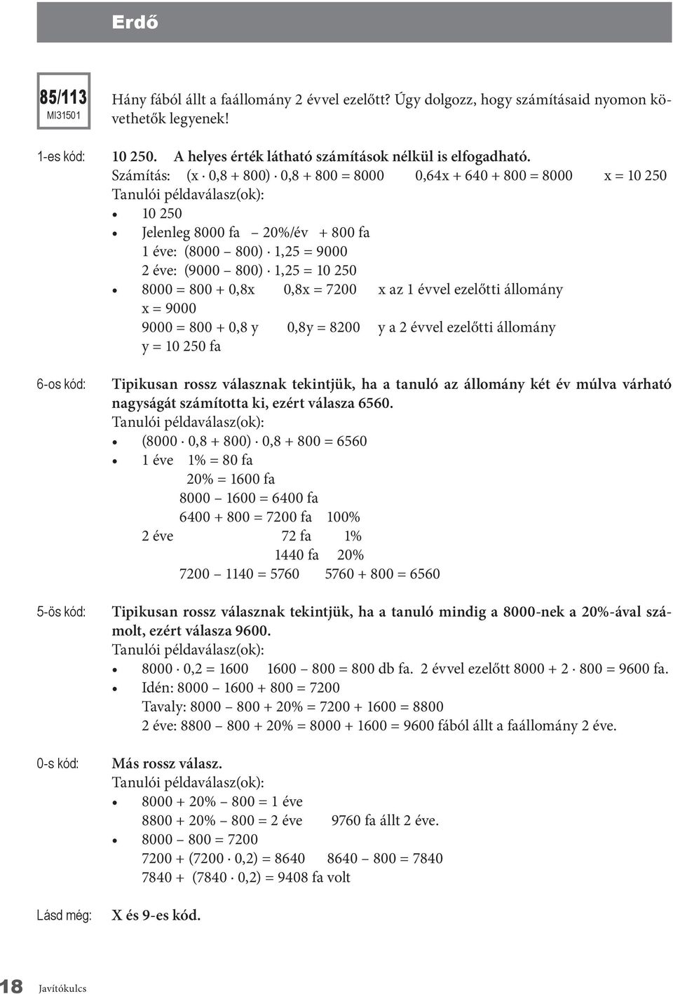 0,8x = 7200 x az 1 évvel ezelőtti állomány x = 9000 9000 = 800 + 0,8 y 0,8y = 8200 y a 2 évvel ezelőtti állomány y = 10 250 fa 6-os kód: 5-ös kód: Tipikusan rossz válasznak tekintjük, ha a tanuló az