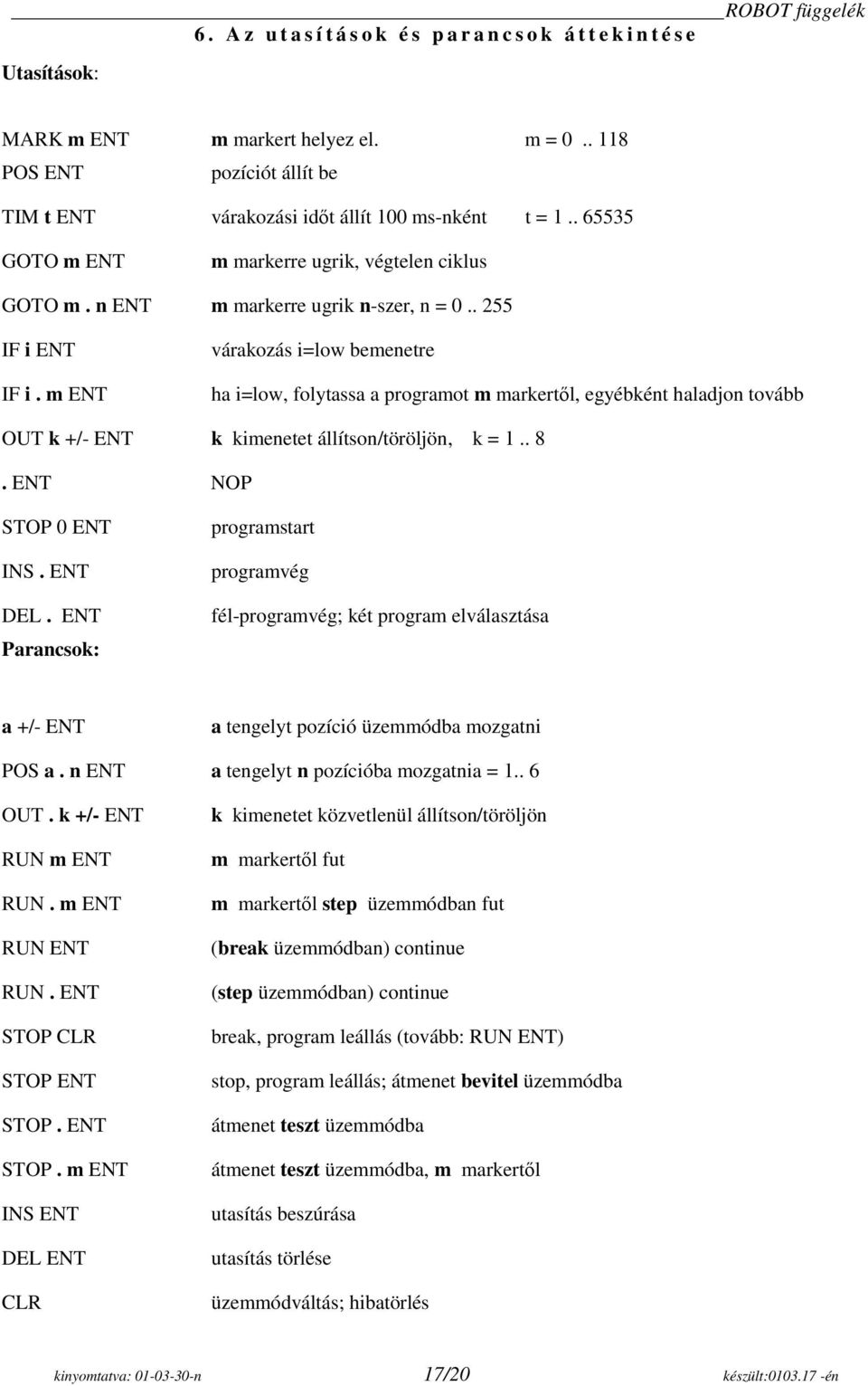 m ENT várakozás i=low bemenetre ha i=low, folytassa a programot m markertől, egyébként haladjon tovább OUT k +/- ENT k kimenetet állítson/töröljön, k = 1.. 8. ENT NOP STOP 0 ENT INS. ENT DEL.