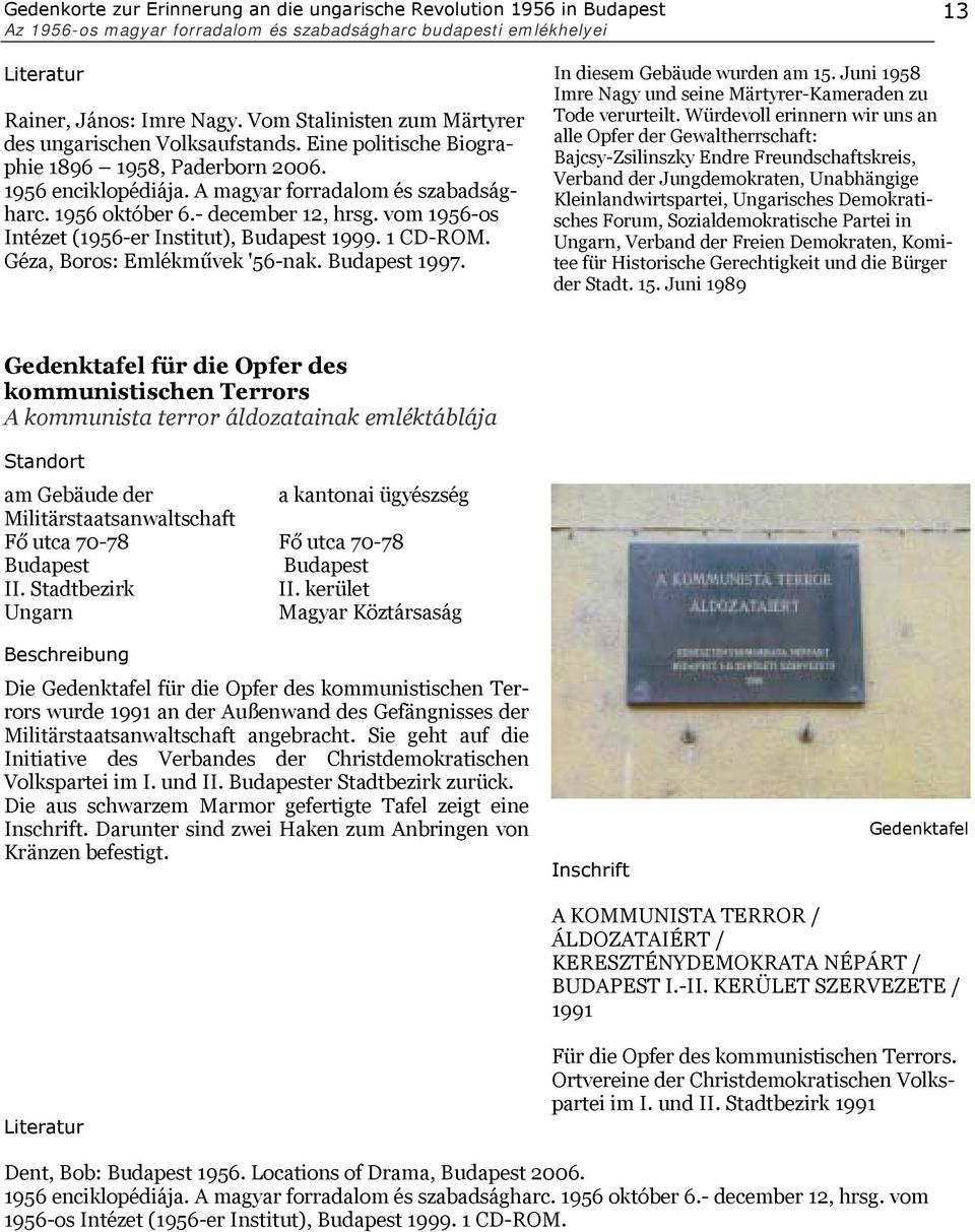 1 CD-ROM. Géza, Boros: Emlékművek '56-nak. 1997. In diesem Gebäude wurden am 15. Juni 1958 Imre Nagy und seine Märtyrer-Kameraden zu Tode verurteilt.