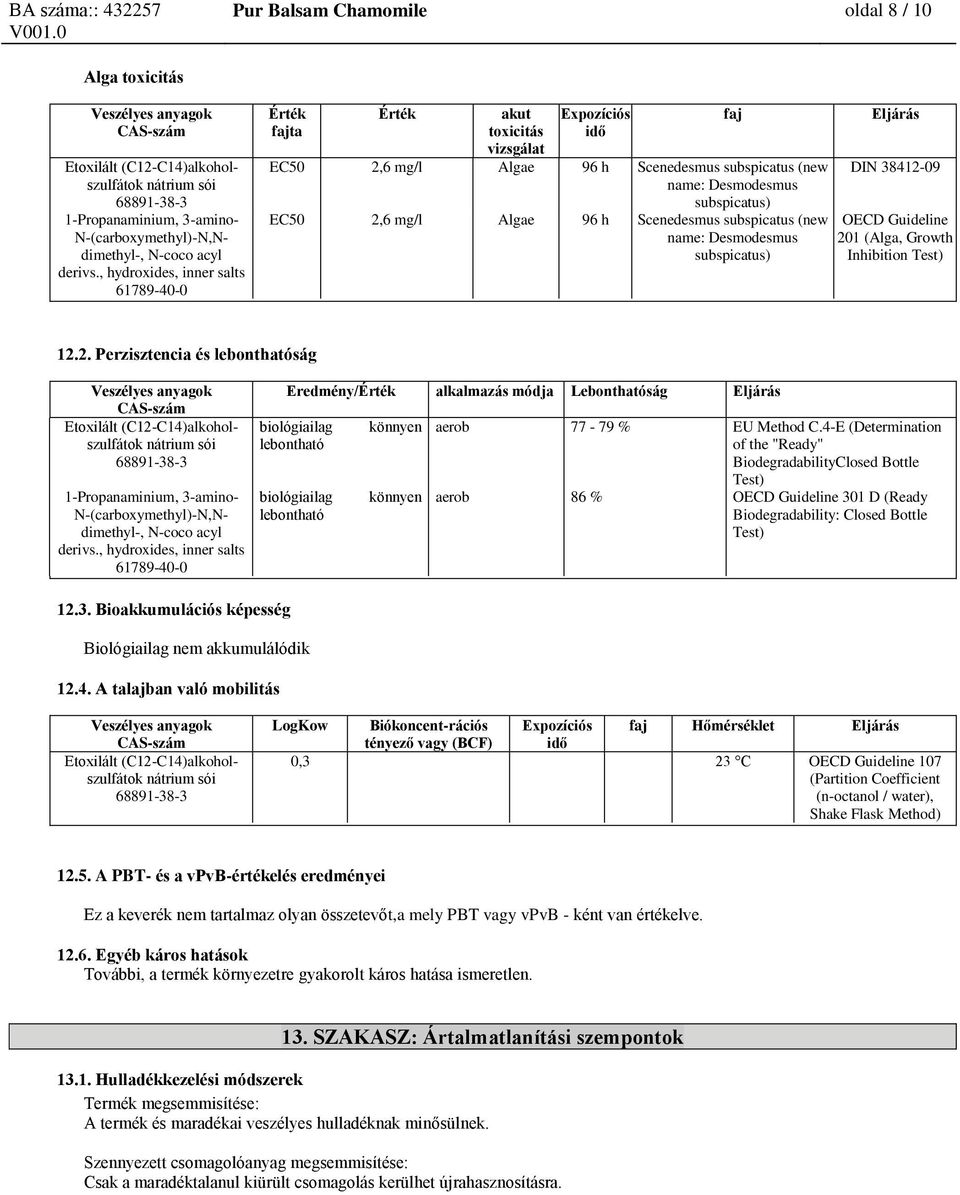 subspicatus (new name: Desmodesmus subspicatus) DIN 38412-09 OECD Guideline 201 (Alga, Growth Inhibition Test) 12.2. Perzisztencia és lebonthatóság C14)alkoholszulfátok 1-Propanaminium, 3-amino- N-(carboxymethyl)-N,Ndimethyl-, derivs.