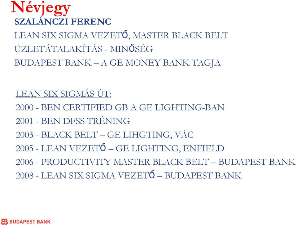 LIGHTING-BAN 2001 - BEN DFSS TRÉNING 2003 - BLACK BELT GE LIHGTING, VÁC 2005 - LEAN VEZETŐ GE