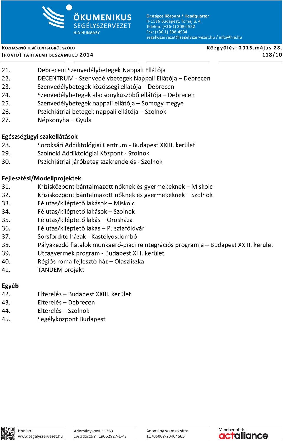 Pszichiátriai betegek nappali ellátója Szolnok 27. Népkonyha Gyula Egészségügyi szakellátások 28. Soroksári Addiktológiai Centrum - Budapest XXIII. kerület 29.