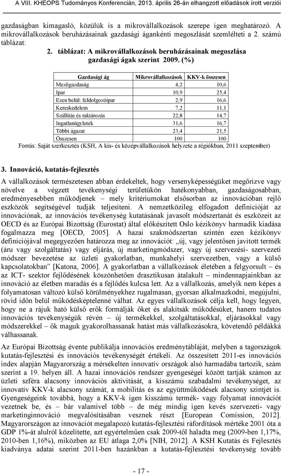 (%) Gazdasági ág Mikrovállalkozások KKV-k összesen Mezőgazdaság 4,2 10,6 Ipar 10,9 25,4 Ezen belül: feldolgozóipar 2,9 16,6 Kereskedelem 7,2 11,1 Szállítás és raktározás 22,8 14,7 Ingatlanügyletek