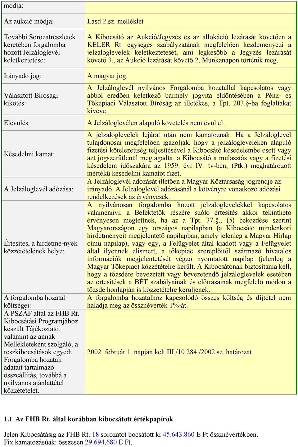 Kibocsátási Programjához készült Tájékoztató, valamint az annak Mellékleteként szolgáló, a részkibocsátások egyedi Forgalomba hozatali adatait tartalmazó összeállítás, továbbá a nyilvános