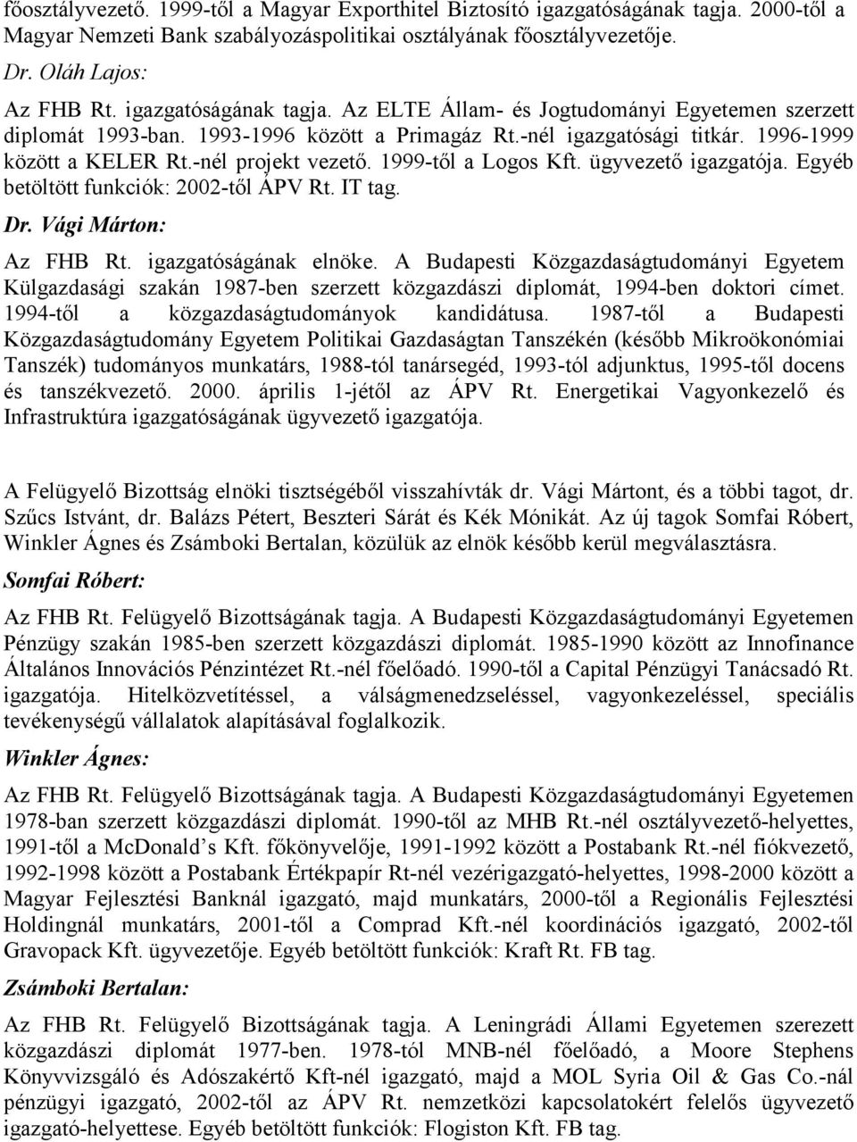 1999-től a Logos Kft. ügyvezető igazgatója. Egyéb betöltött funkciók: 2002-től ÁPV Rt. IT tag. Dr. Vági Márton: Az FHB Rt. igazgatóságának elnöke.