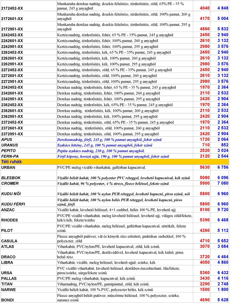 65 % PE - 35% pamut, 245 g anyagból 2450 2 940 2242601-XX Kertésznadrág, térderősítés, fehér, 100% pamut, 260 g anyagból 2610 3 132 2242951-XX Kertésznadrág, térderősítés, fehér, 100% pamut, 295 g