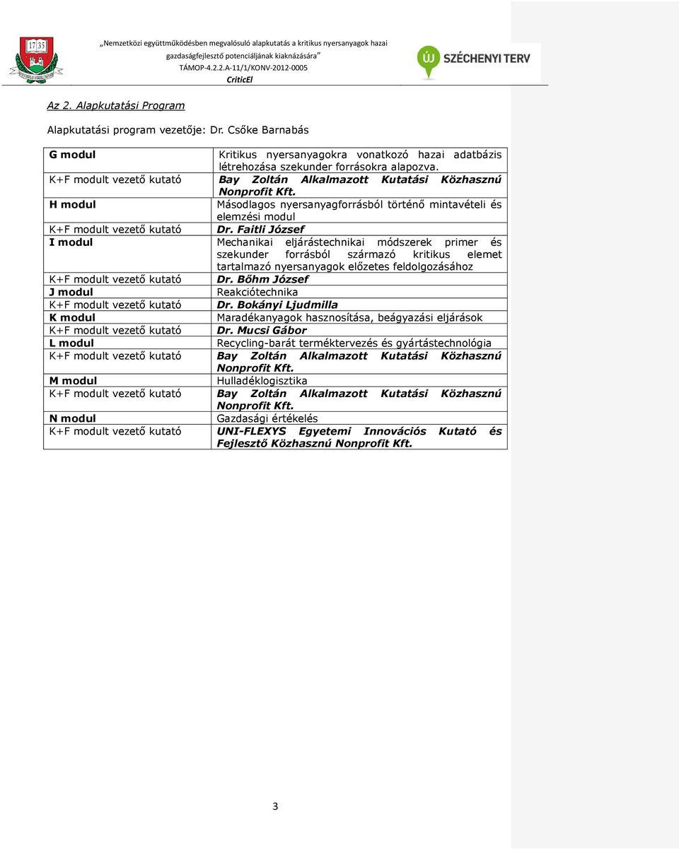Faitli József I modul Mechanikai eljárástechnikai módszerek primer és szekunder forrásból származó kritikus elemet tartalmazó nyersanyagok előzetes feldolgozásához K+F modult vezető kutató Dr.