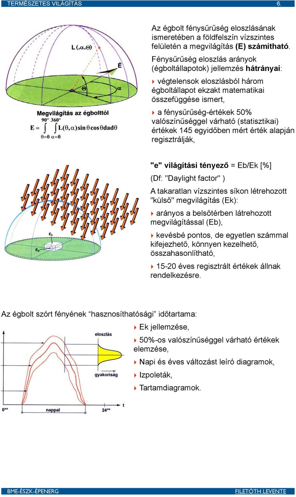 várható (statisztikai) értékek 145 egyidőben mért érték alapján regisztrálják, "e" világítási tényező = Eb/Ek [%] (Df: "Daylight factor" ) A takaratlan vízszintes síkon létrehozott "külső"