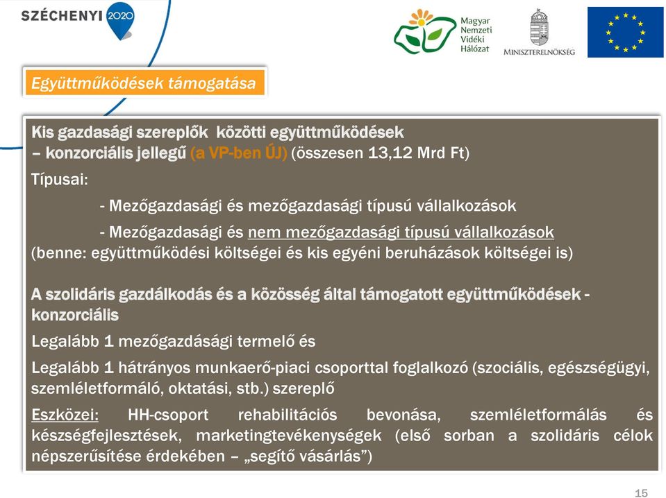 támogatott együttműködések - konzorciális Legalább 1 mezőgazdásági termelő és Legalább 1 hátrányos munkaerő-piaci csoporttal foglalkozó (szociális, egészségügyi, szemléletformáló, oktatási,