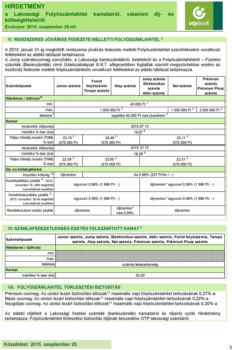 A Jump csomag szerződés, a Lakossági bankszámlákról, betétekről és a Folyóhitelről Fizetési számlák (Bankszámlák) című Üzletszabályzat III.6.7.