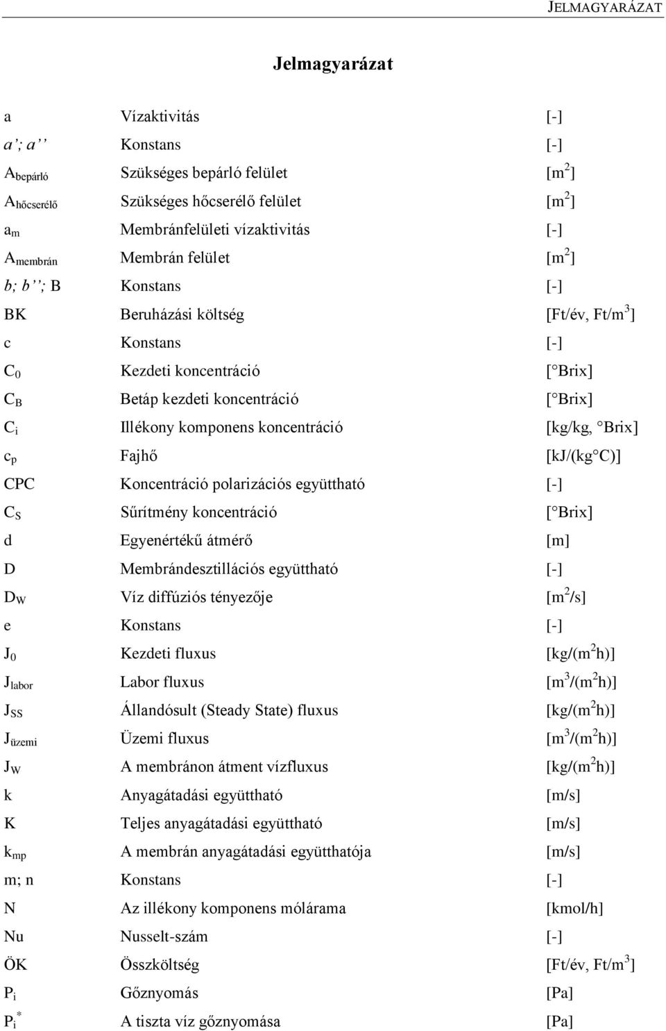 komponens koncentráció [kg/kg, Brix] c p Fajhő [kj/(kg C)] CPC Koncentráció polarizációs együttható [-] C S Sűrítmény koncentráció [ Brix] d Egyenértékű átmérő [m] D Membrándesztillációs együttható