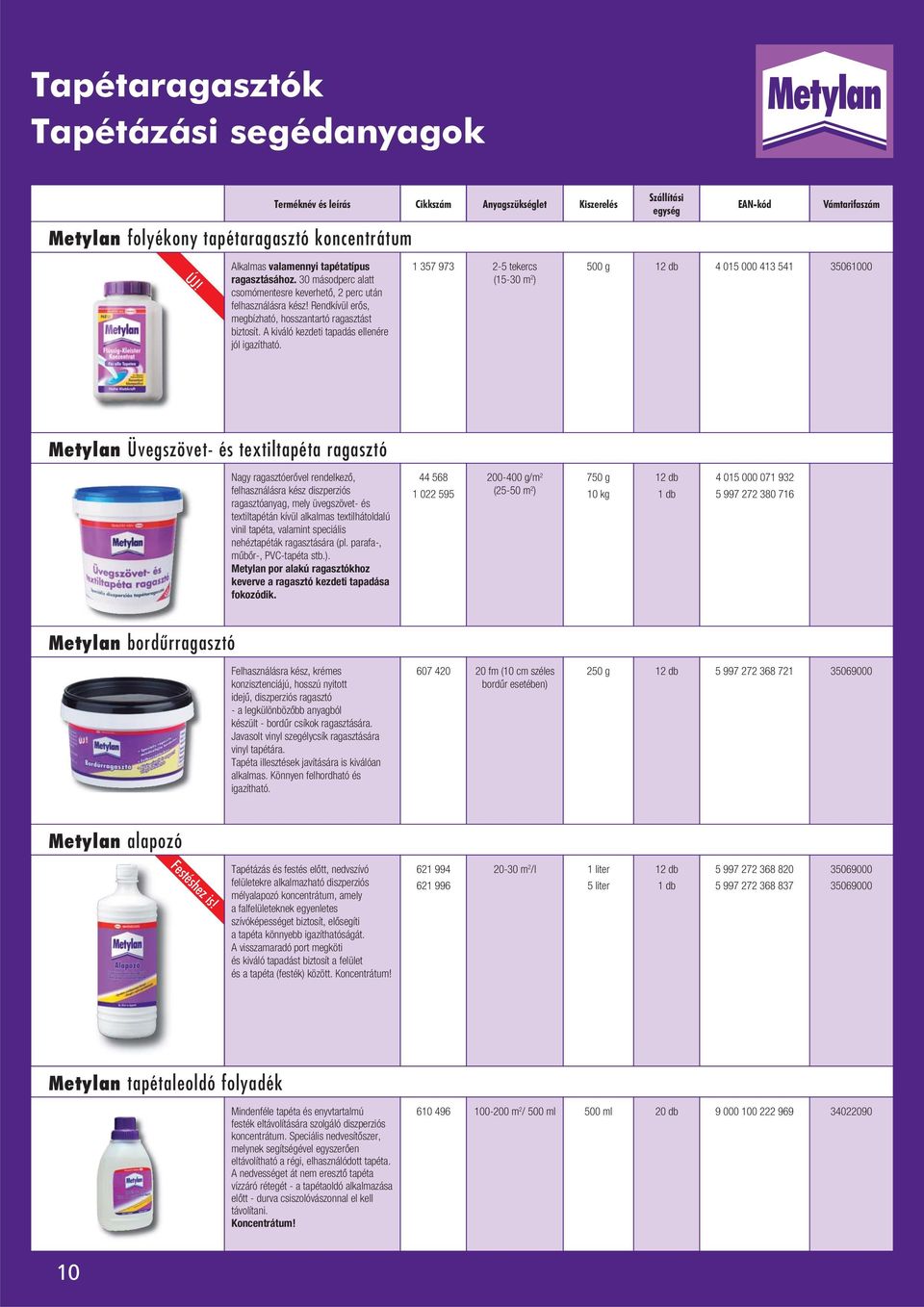 Cikkszám Anyagszükséglet Szállítási Kiszerelés egység 1 357 973 2-5 tekercs 500 g 4 015 000 413 541 (15-30 m 2 ) Metylan Üvegszövet- és textiltapéta ragasztó Nagy ragasztóerôvel rendelkezô,