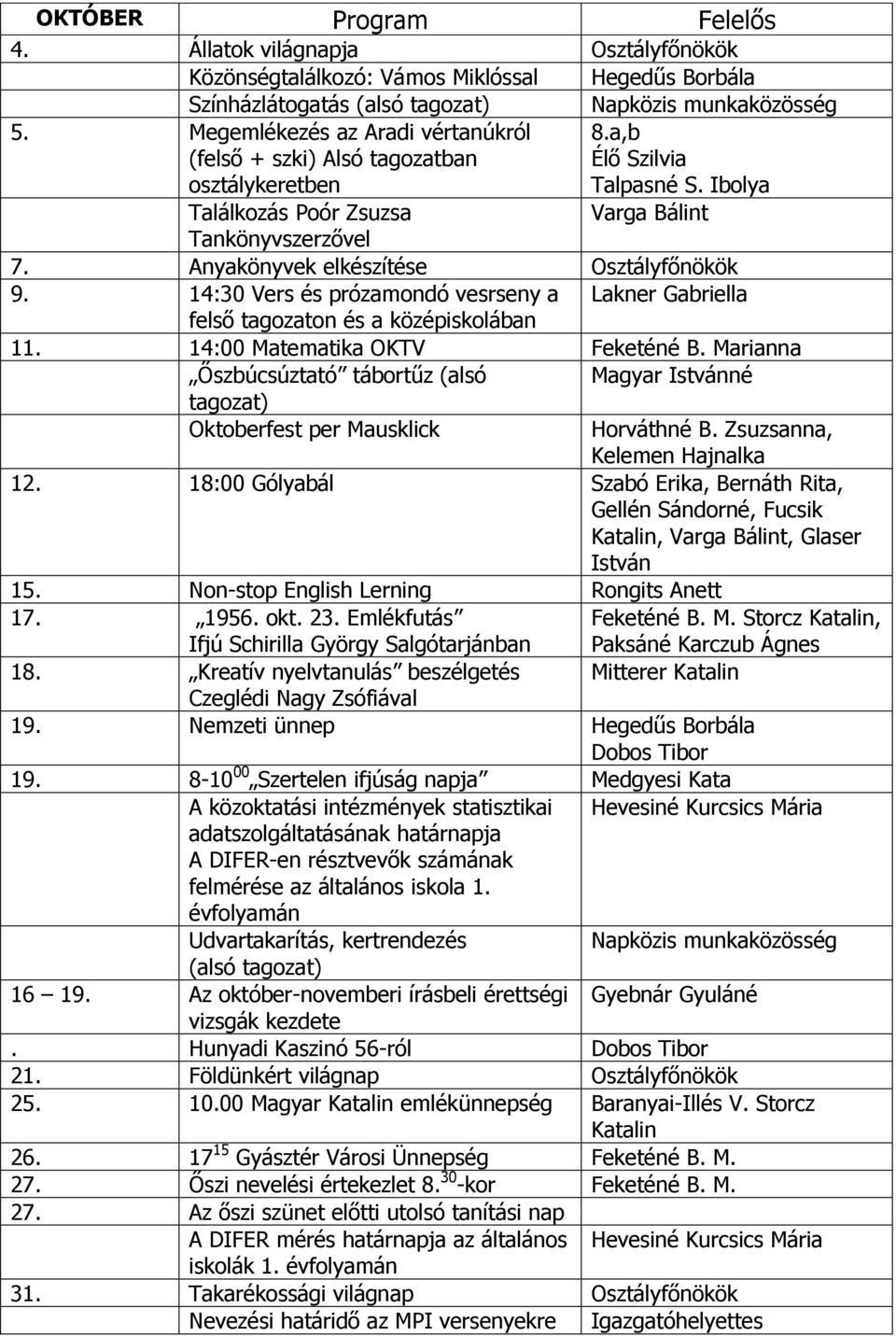 Anyakönyvek elkészítése 9. 14:30 Vers és prózamondó vesrseny a Lakner Gabriella felső tagozaton és a középiskolában 11. 14:00 Matematika OKTV Feketéné B.