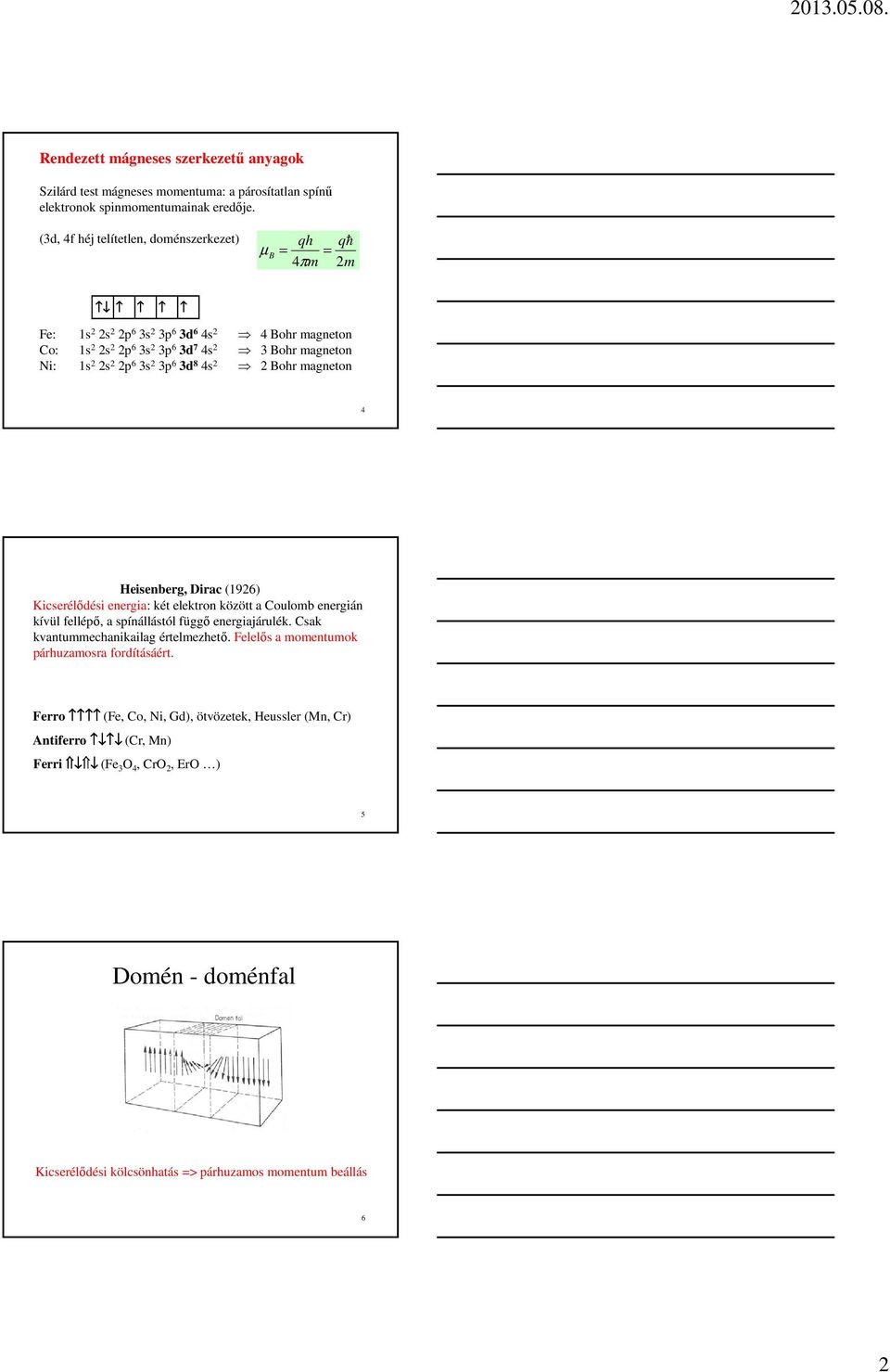 3s 2 3p 6 3d 8 4s 2 2 Bohr magneton 4 Heisenberg, Dirac (1926) Kicserélődési energia: két elektron között a Coulomb energián kívül fellépő, a spínállástól függő energiajárulék.