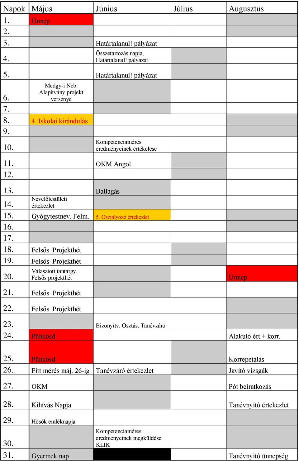 Felsős Projekthét 20. Választott tantárgy. Felsős projekthét Ünnep 21. Felsős Projekthét 22. Felsős Projekthét 23. Bizonyítv. Osztás, Tanévzáró 24. Pünkösd Alakuló ért + korr. 25.