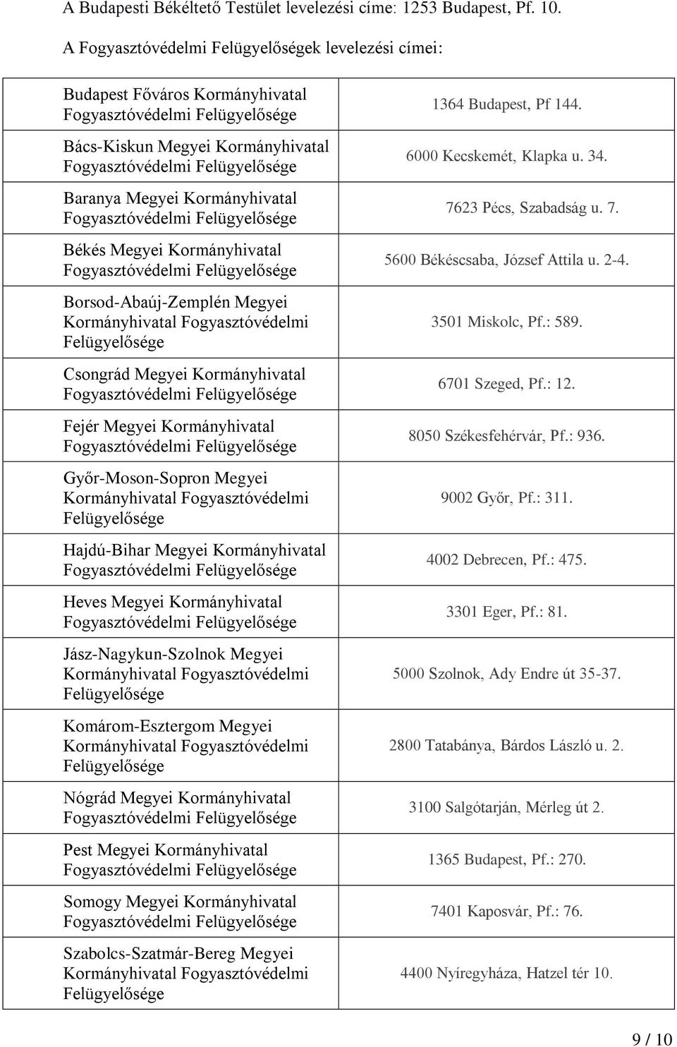 Fogyasztóvédelmi Felügyelősége Csongrád Megyei Kormányhivatal Fejér Megyei Kormányhivatal Győr-Moson-Sopron Megyei Kormányhivatal Fogyasztóvédelmi Felügyelősége Hajdú-Bihar Megyei Kormányhivatal