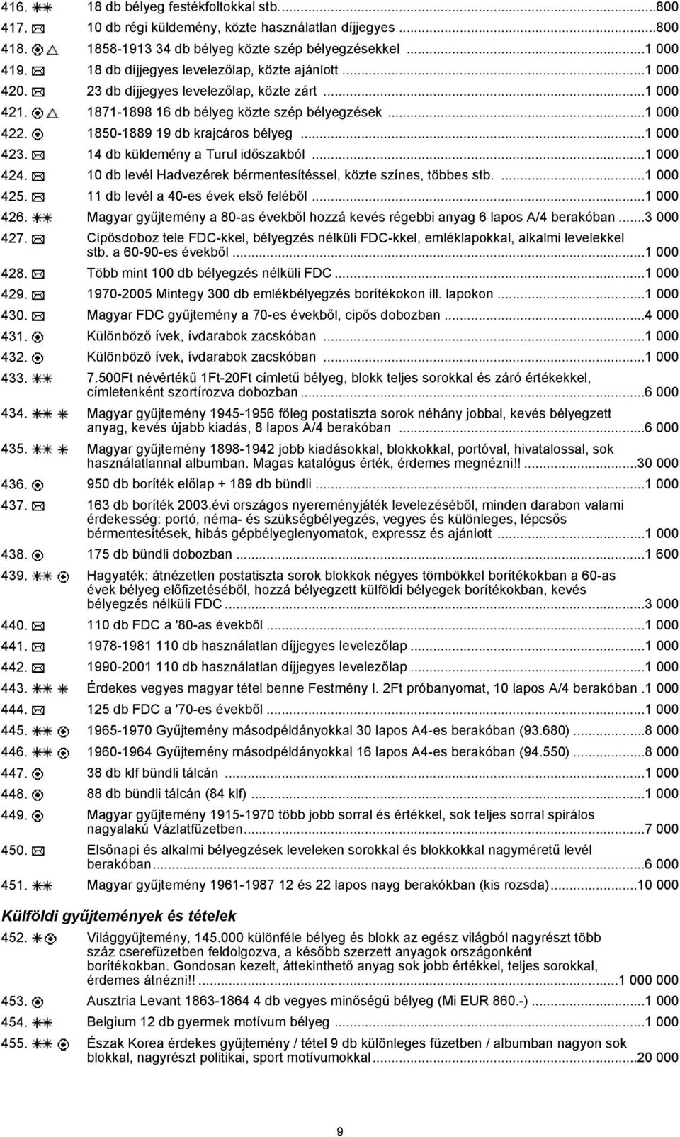 1850-1889 19 db krajcáros bélyeg...1 000 423. 14 db küldemény a Turul időszakból...1 000 424. 10 db levél Hadvezérek bérmentesítéssel, közte színes, többes stb....1 000 425.