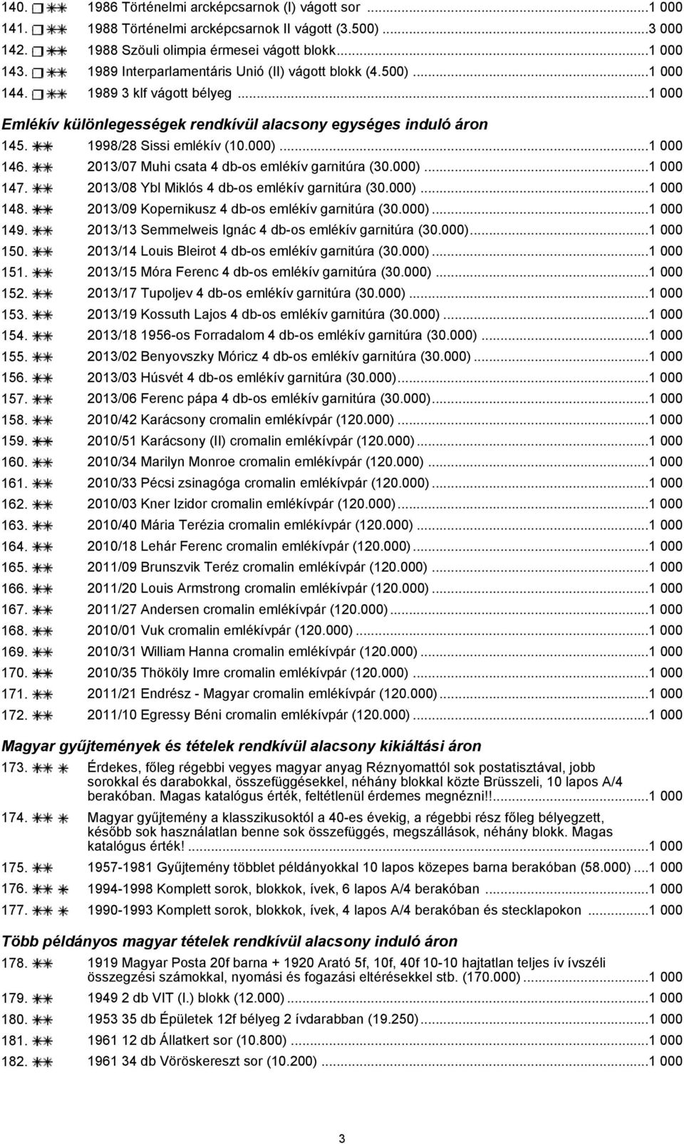 000)...1 000 146. 2013/07 Muhi csata 4 db-os emlékív garnitúra (30.000)...1 000 147. 2013/08 Ybl Miklós 4 db-os emlékív garnitúra (30.000)...1 000 148.