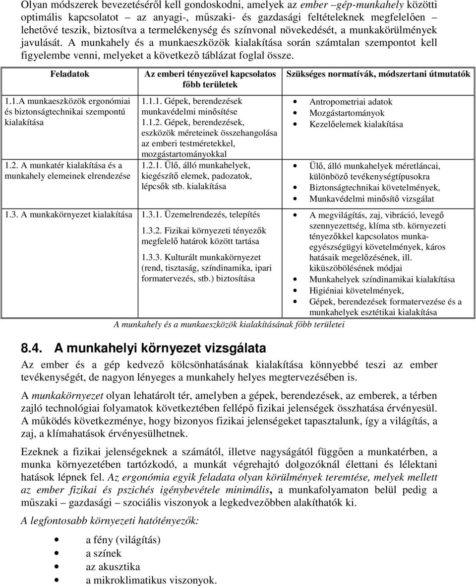 A munkahely és a munkaeszközök kialakítása során számtalan szempontot kell figyelembe venni, melyeket a következı táblázat foglal össze. Feladatok 1.