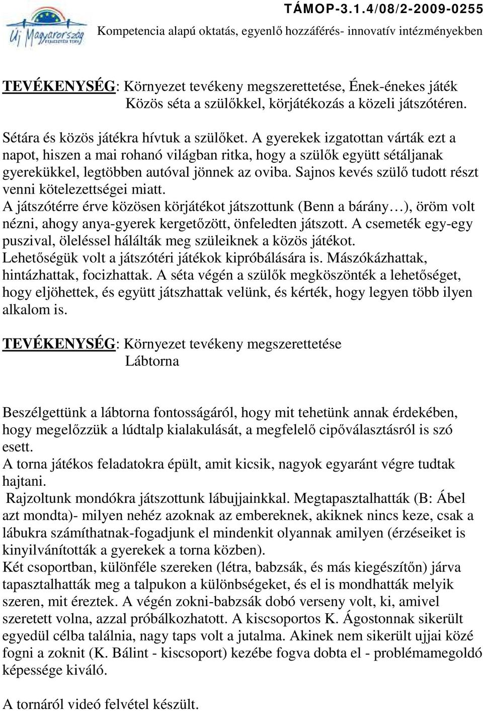 Sajnos kevés szülő tudott részt venni kötelezettségei miatt. A játszótérre érve közösen körjátékot játszottunk (Benn a bárány ), öröm volt nézni, ahogy anya-gyerek kergetőzött, önfeledten játszott.