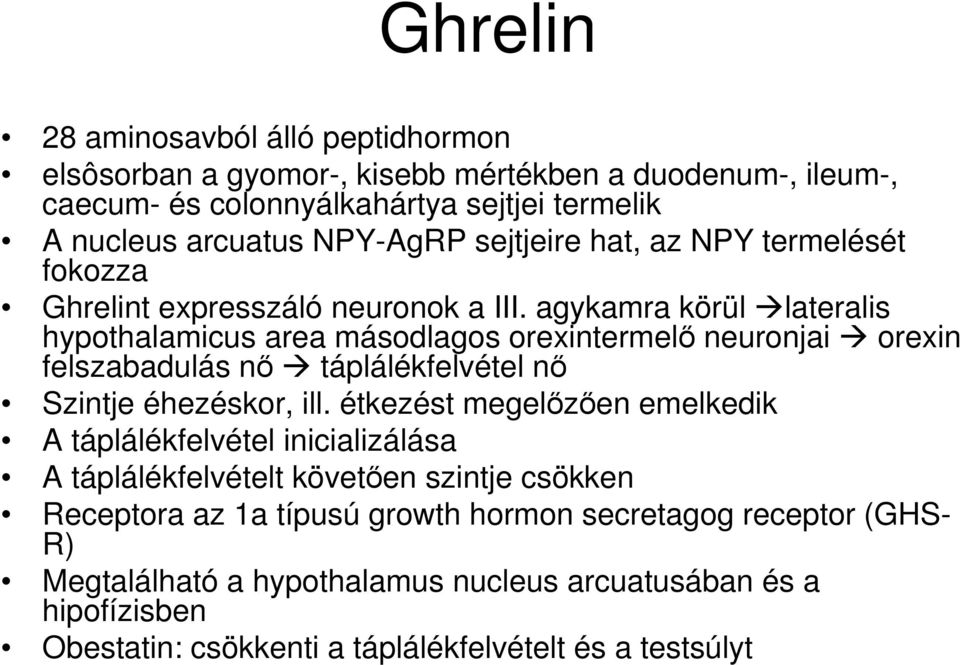 agykamra körül lateralis hypothalamicus area másodlagos orexintermelő neuronjai orexin felszabadulás nő táplálékfelvétel nő Szintje éhezéskor, ill.