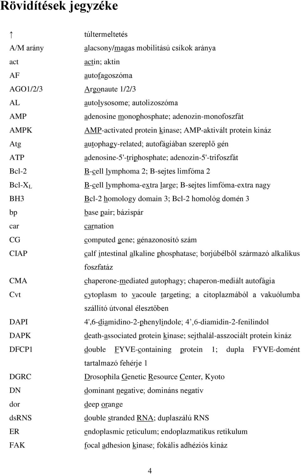 adenozin-5'-trifoszfát Bcl-2 B-cell lymphoma 2; B-sejtes limfóma 2 Bcl-X L B-cell lymphoma-extra large; B-sejtes limfóma-extra nagy BH3 Bcl-2 homology domain 3; Bcl-2 homológ domén 3 bp base pair;