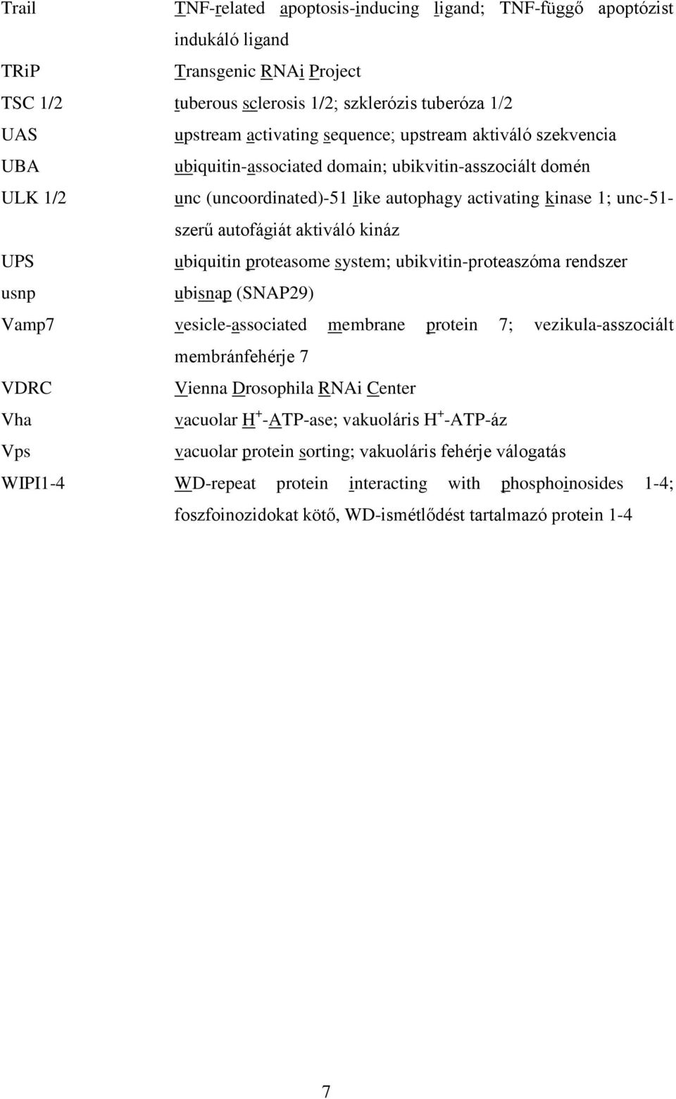 kináz UPS ubiquitin proteasome system; ubikvitin-proteaszóma rendszer usnp ubisnap (SNAP29) Vamp7 vesicle-associated membrane protein 7; vezikula-asszociált membránfehérje 7 VDRC Vienna Drosophila