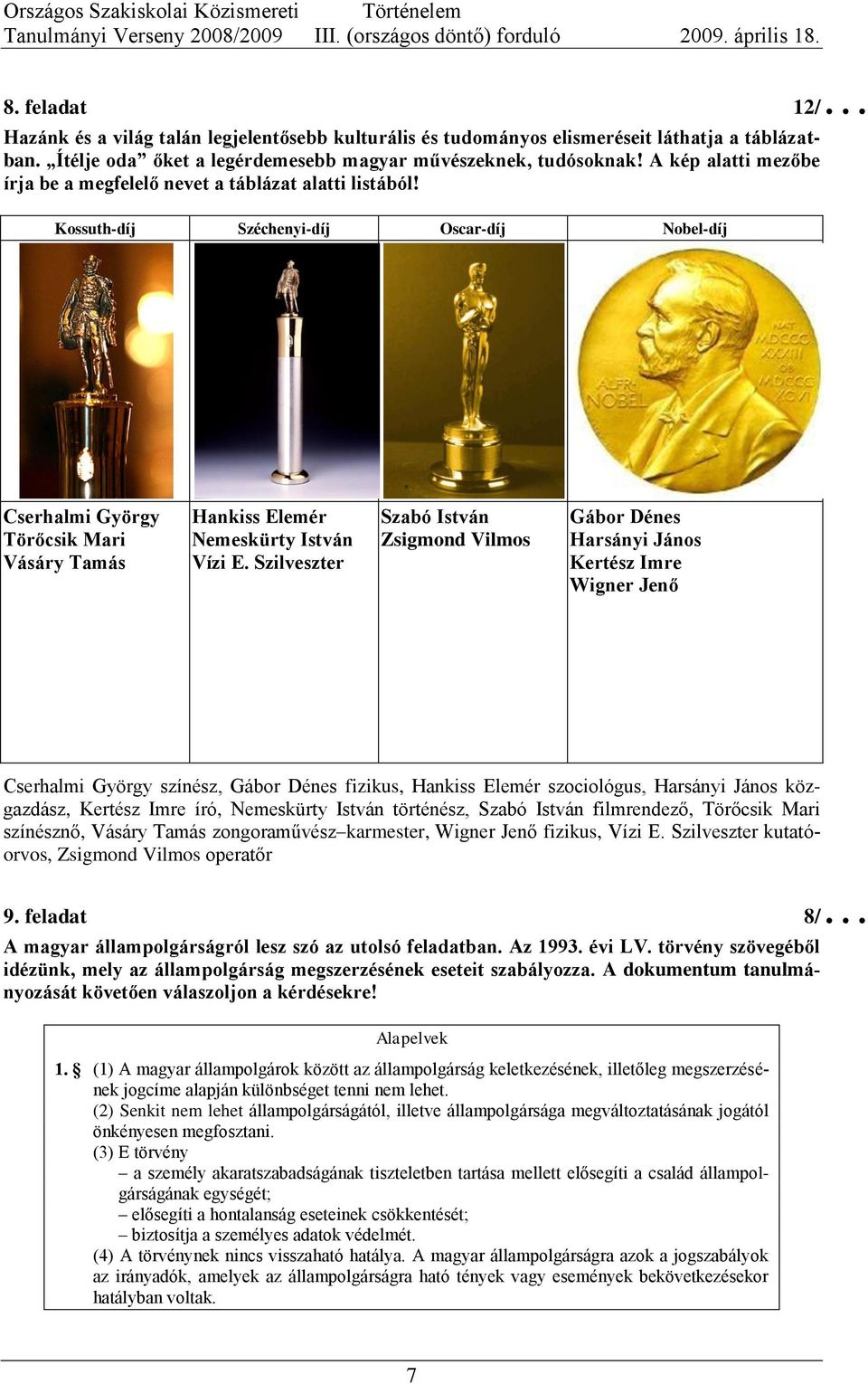 Kossuth-díj Széchenyi-díj Oscar-díj Nobel-díj Cserhalmi György Törőcsik Mari Vásáry Tamás Hankiss Elemér Nemeskürty István Vízi E.