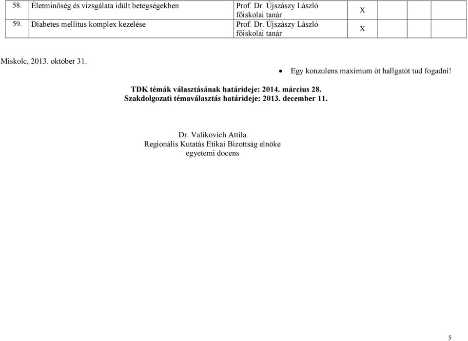 Egy konzulens maximum öt hallgatót tud fogadni! TDK témák választásának határideje: 2014. március 28.