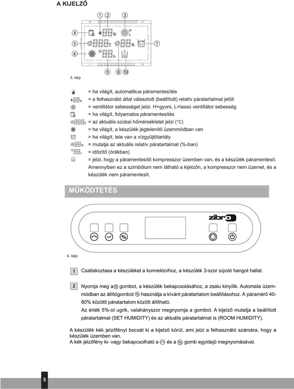 a vízgyűjtőtartály = mutatja az aktuális relatív páratartalmat (%-ban) = időzítő (órákban) = jelzi, hogy a páramentesítő kompresszor üzemben van, és a készülék páramentesít.
