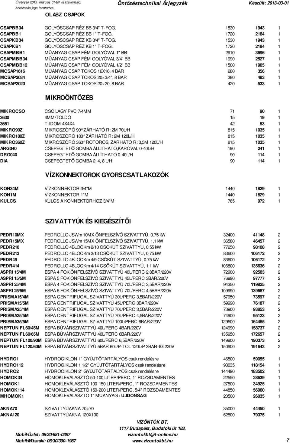 TOKOS 16X16, 4 BAR 280 356 1 MCSAP2034 MŰANYAG CSAP TOKOS 20 3/4", 8 BAR 380 483 1 MCSAP2020 MŰANYAG CSAP TOKOS 20 20, 8 BAR 420 533 1 MIKROÖNTÖZÉS MIKROCSO CSŐ LÁGY PVC 7/4MM 71 90 1 3630 4MM/TOLDÓ